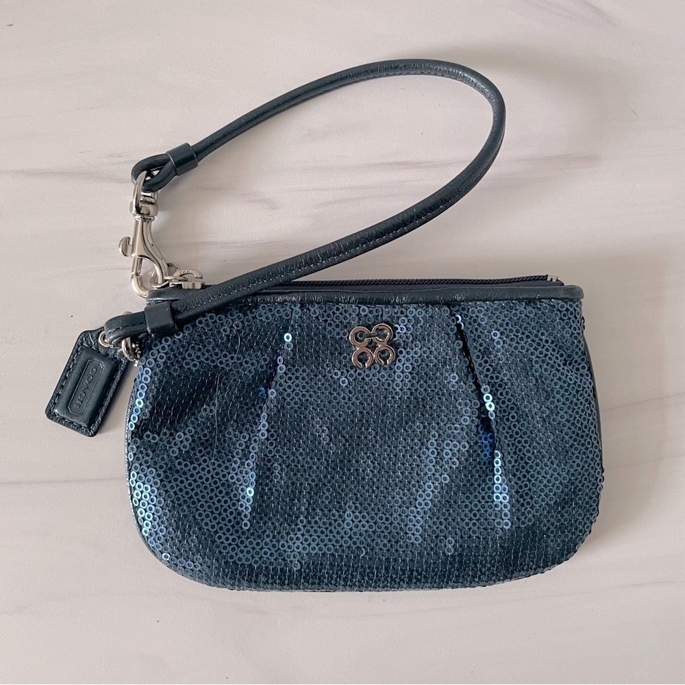 Coach Op Art Sequin Wristlet Wallet Pouch- Blue Limited Edition- Small